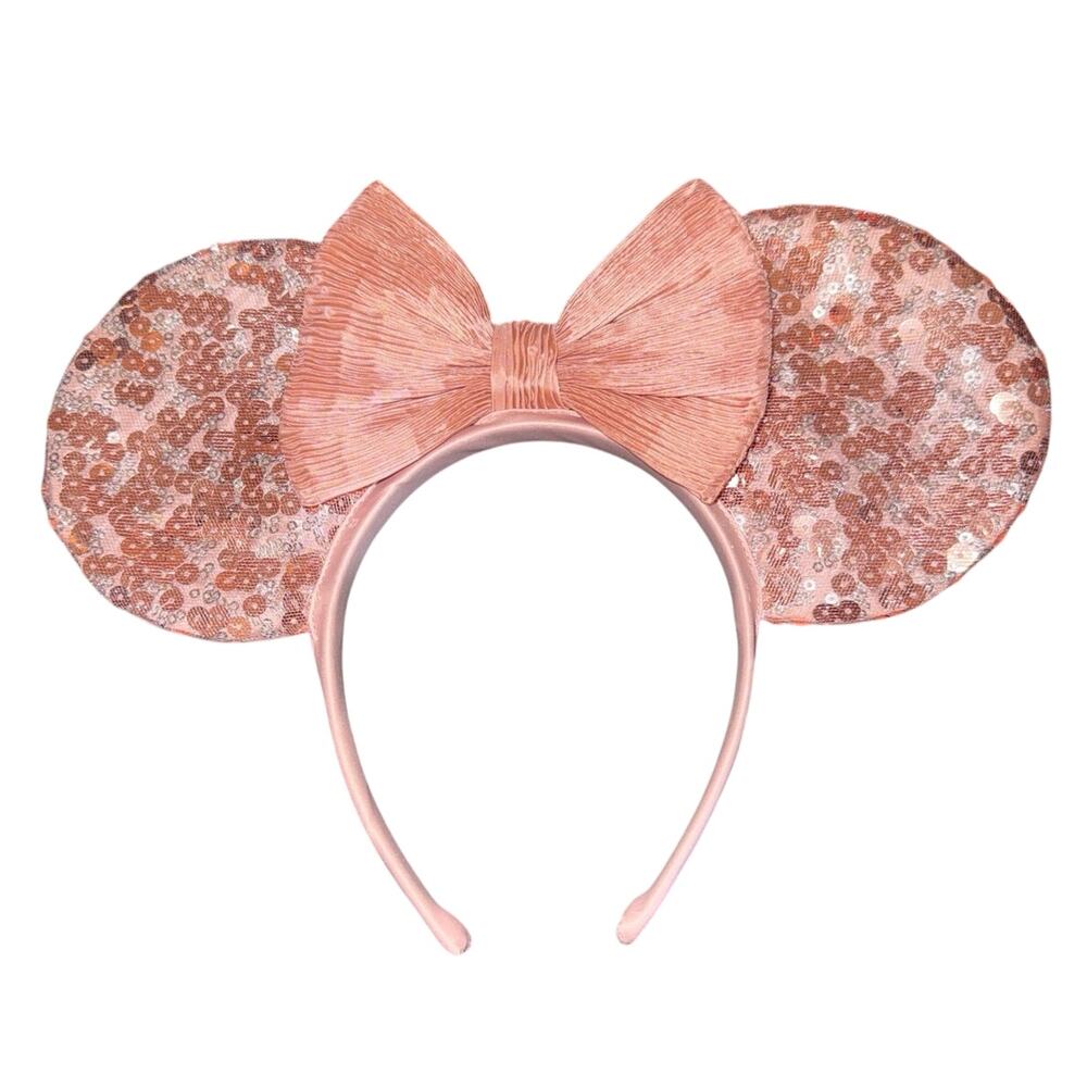 NWOT Disney Minnie Mouse Rose Gold Sequin Pleated Bow Lightweight Ears Headband